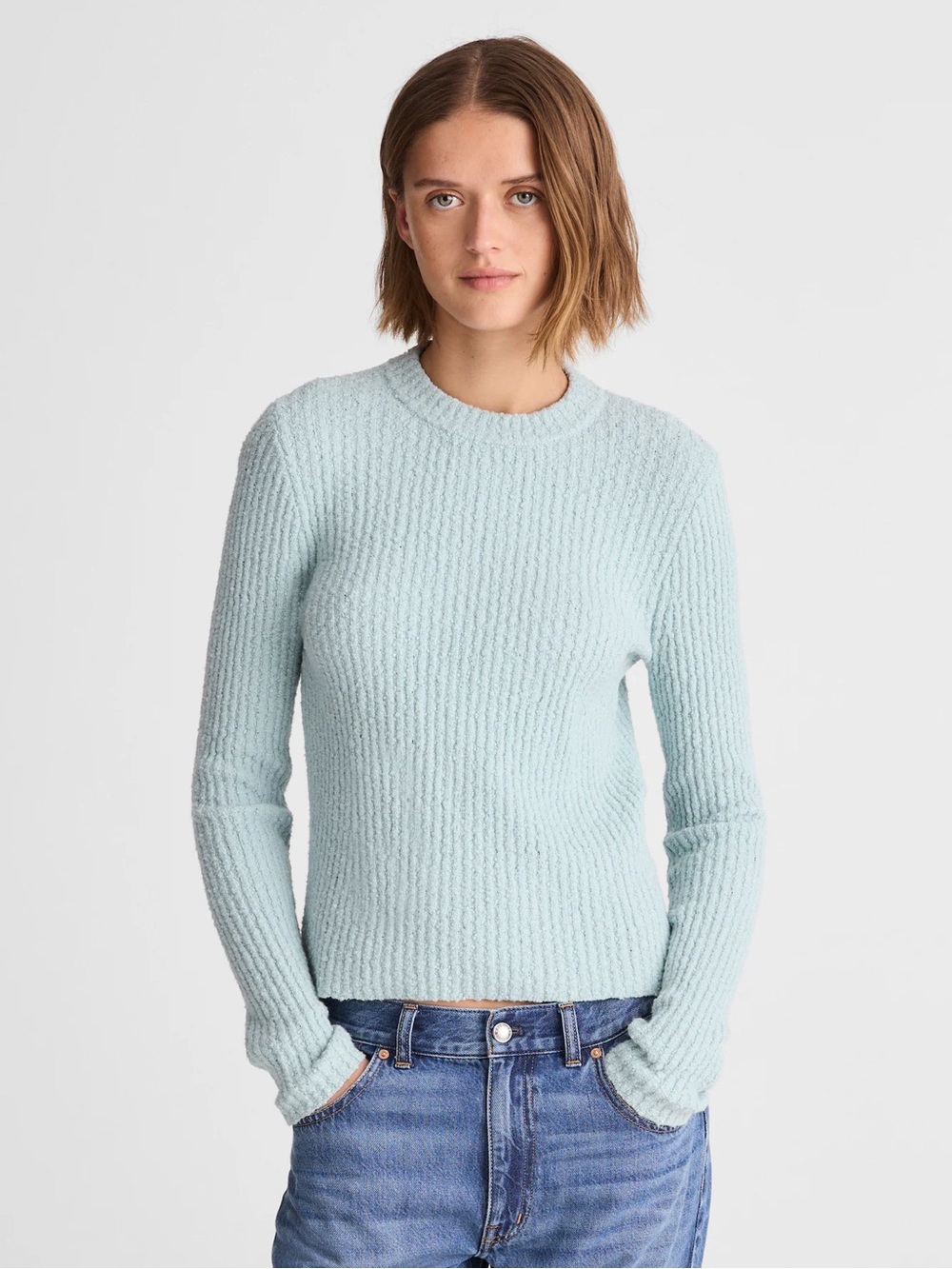 NWT Madewell Bouclé-Knit Crewneck Sweater mint blue women's small cozy preppy